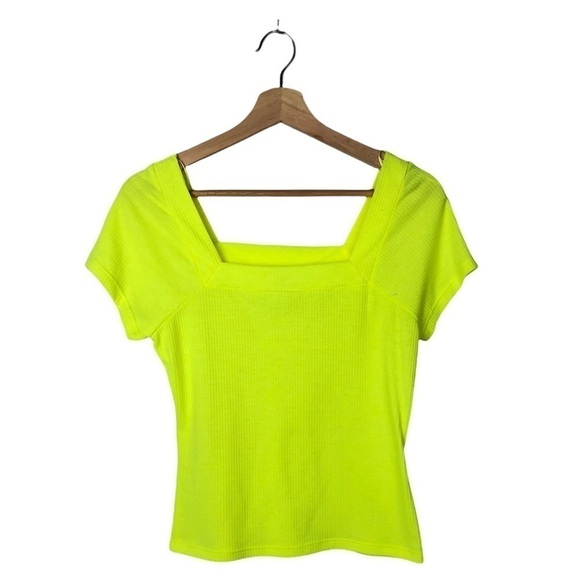 NEW Good Luck Gem Neon Yellow Ribbed Square Neck Short Sleeve M - Picture 3 of 5